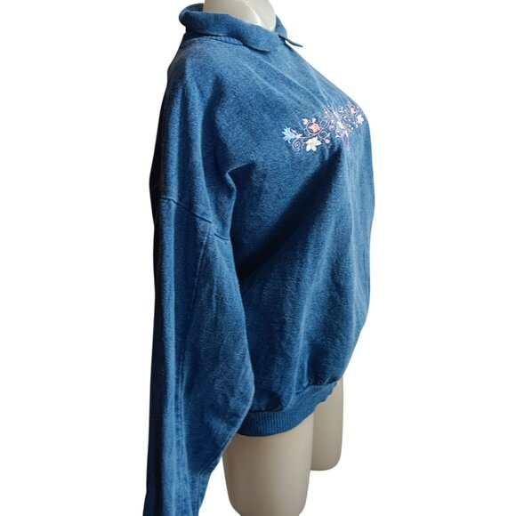 Women's Medium Vintage Sweatshirt Habitat Embroidered Floral Denim Collared Neck - Picture 4 of 8
